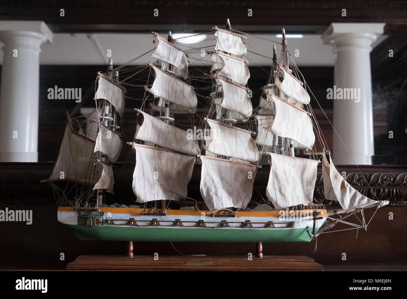 Model of a four masted frigate from the 18th century on the mantle piece of a former Victorian hotel, Ramsgate, England. Stock Photo