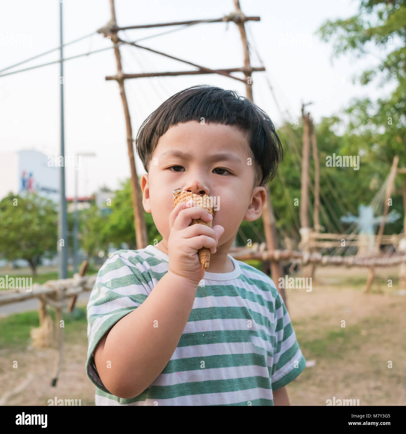 Small boy taking an ice cream in the park Stock Photo