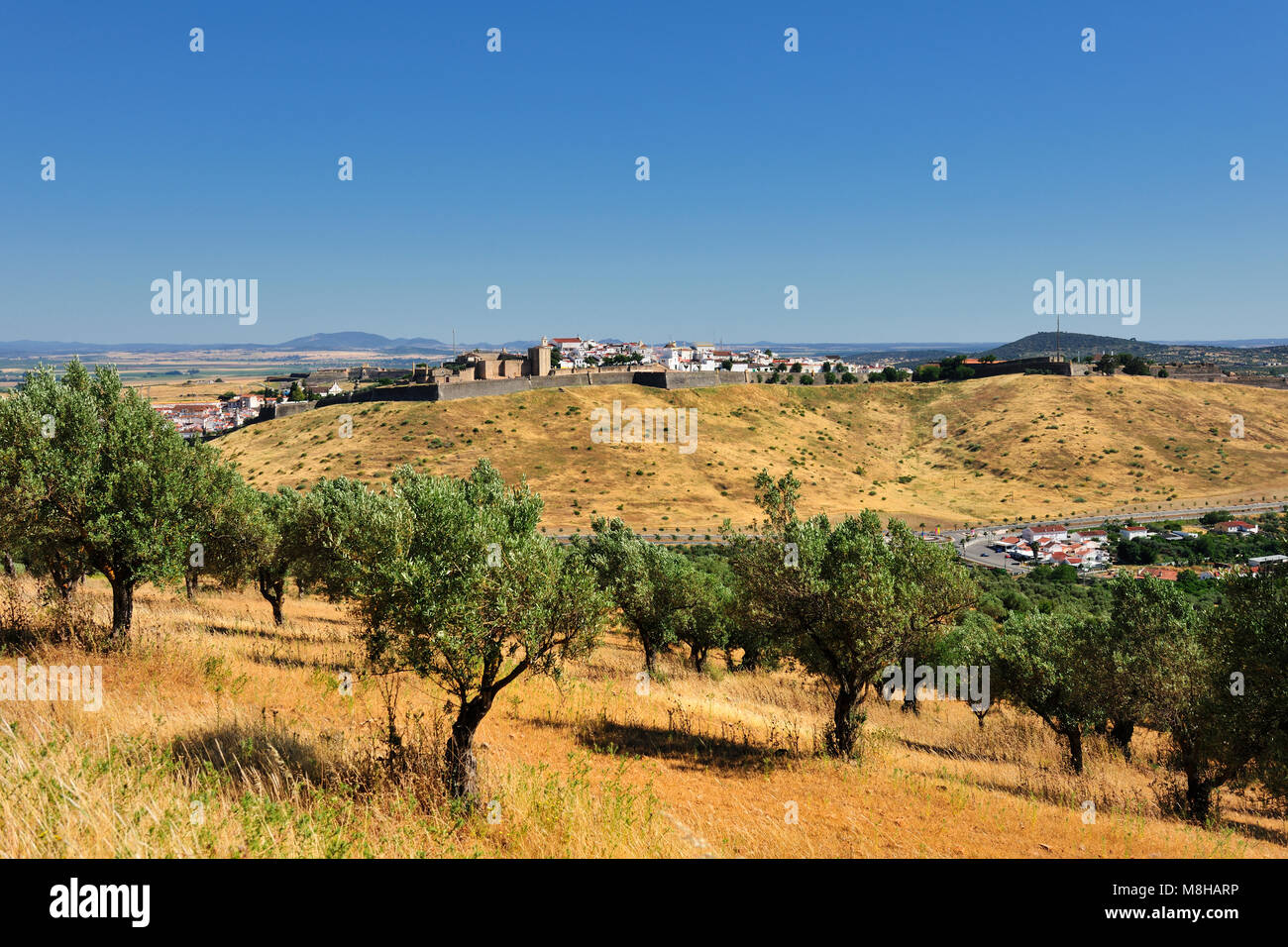 The city of Elvas. These bastions surround all the city, making them the biggest artillery fortification of the world. A Unesco World Heritage Site in Stock Photo