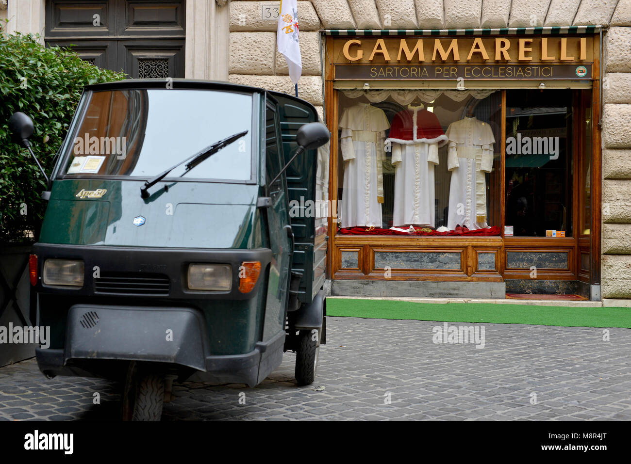 Rome. Garments for the next Pope are displayed at the Gammarelli Atelier on March 5, 2013 in Rome, Italy. The Gammarelli Family produced dresses for P Stock Photo