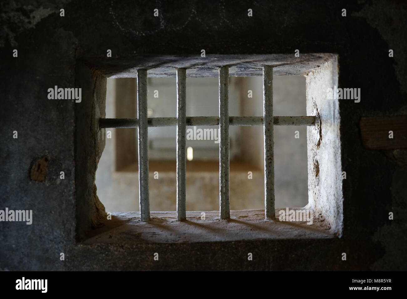 barred window, The Hollandinha Punishment Cell, Museu do Tarrafal, Tarrafal Camp, Tarrafal, Santiago Island, Cape Verde Stock Photo