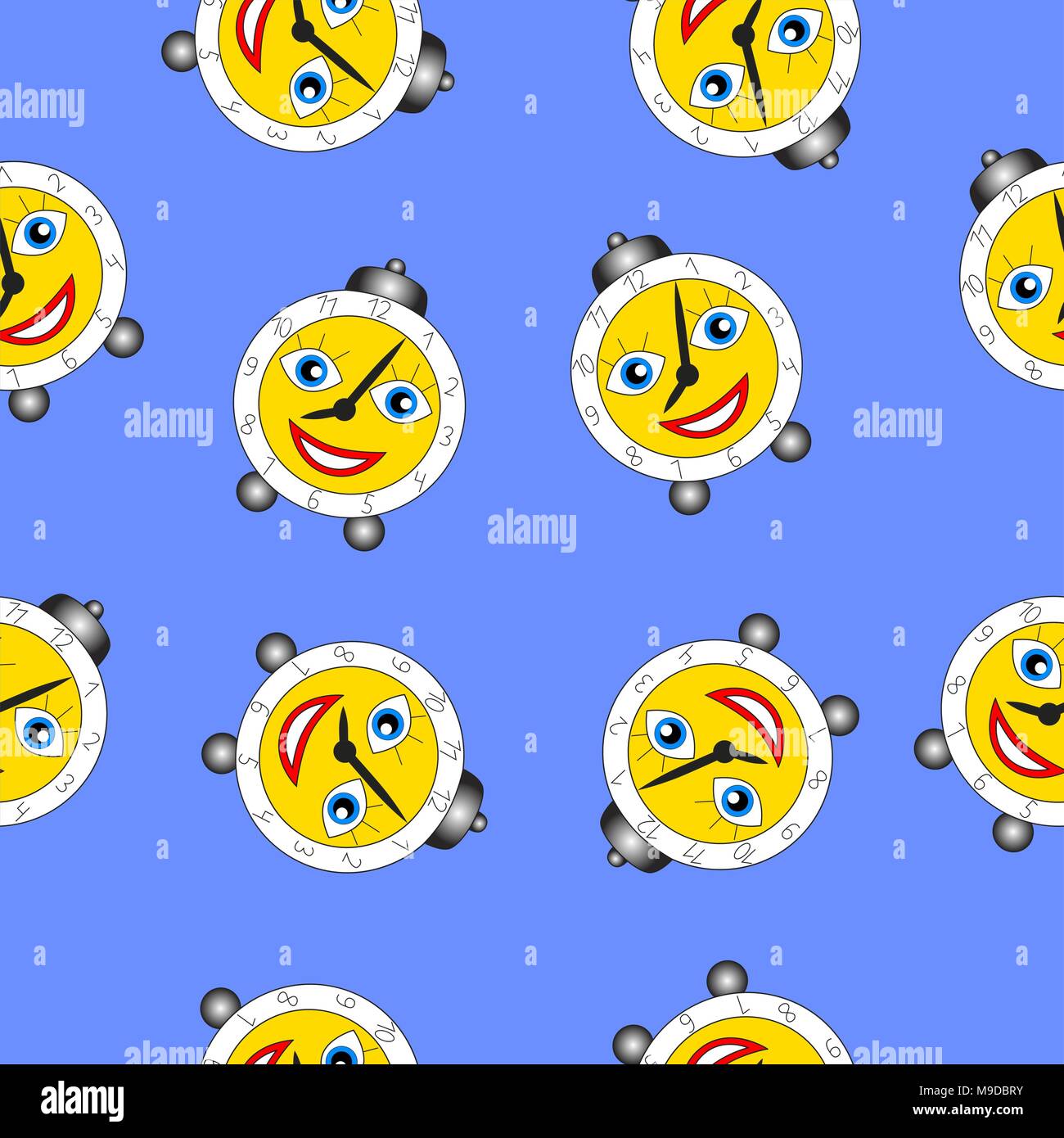 Cartoon cheerful smiling alarm clock. Vector seamless illustration for kids. Stock Vector