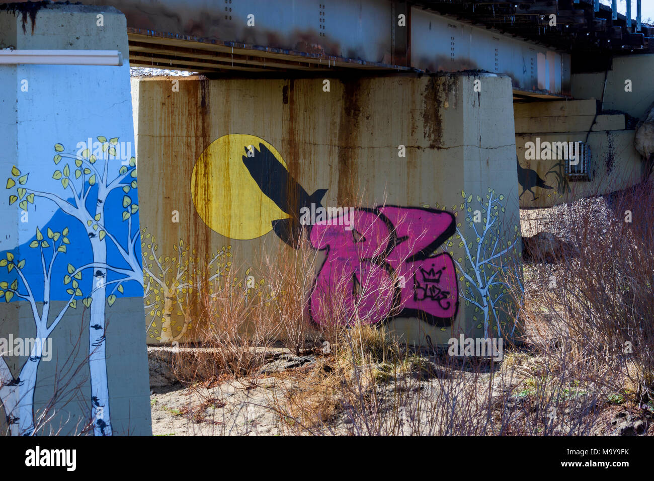 Purple graffiti identification painted over older artist's rendition of nature on structural railroad bridge supports, Castle Rock Colorado US. Stock Photo