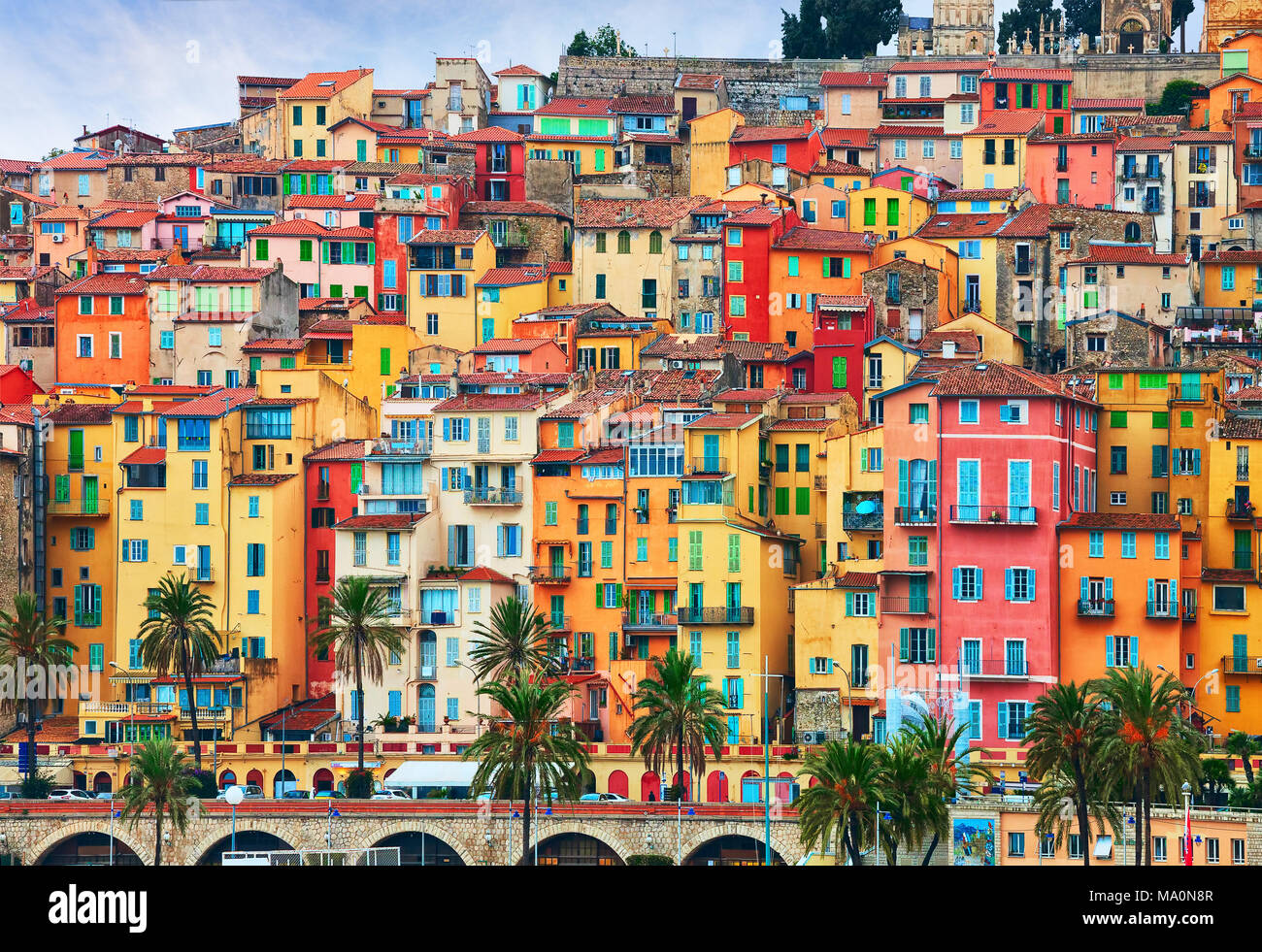 Colorful houses in old part of Menton, French Riviera, France Stock Photo