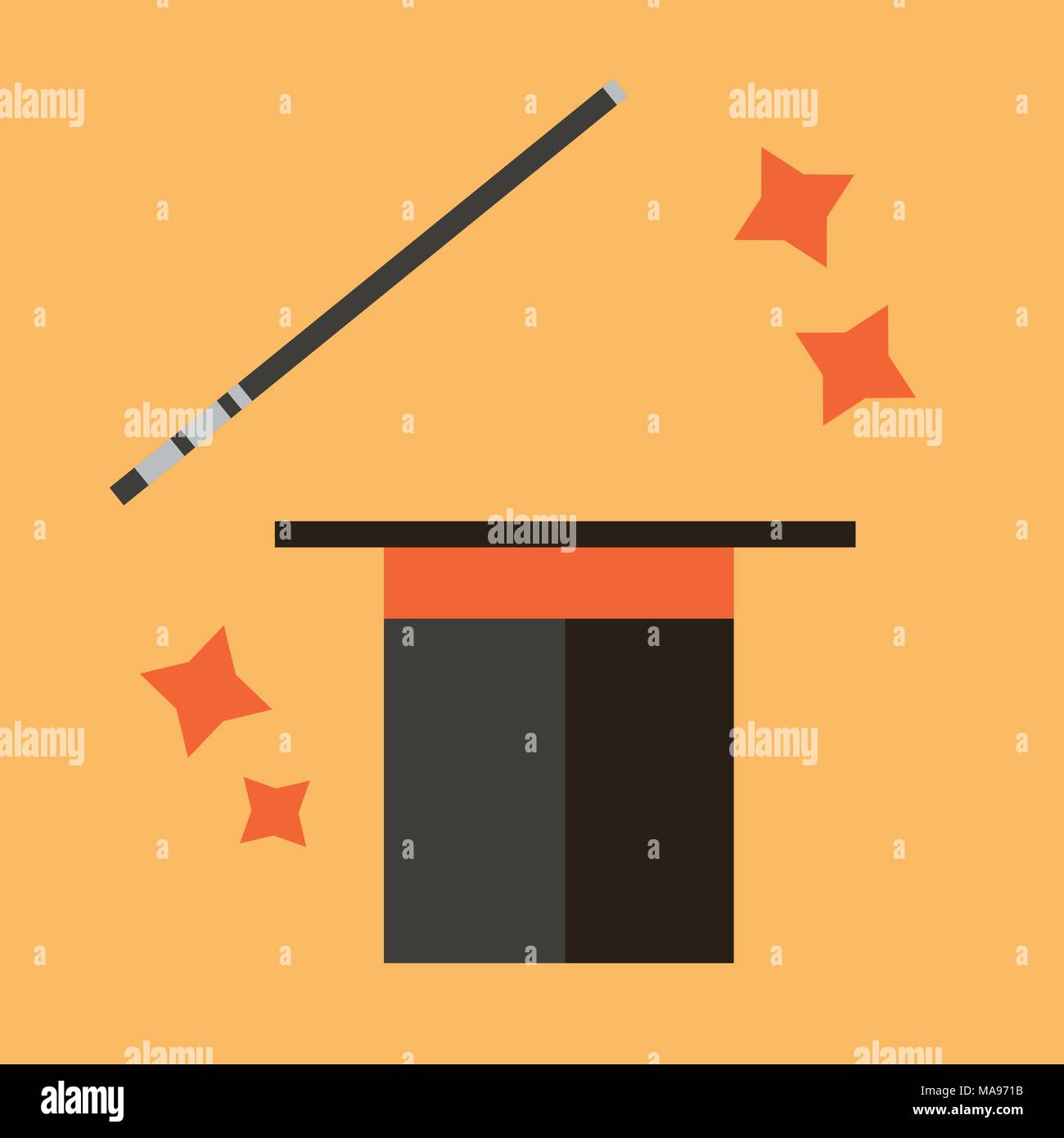 Abracadabra cartoon concept. Magic wand with stars sparks above black magic hat Stock Vector