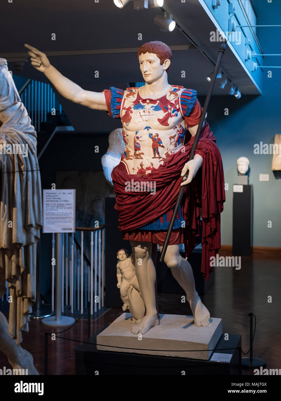 Oxford. England. Painted plaster cast copy of the statue of Roman Emperor Augustus of Prima Porta. Ashmolean Museum.  In this reconstruction, the orig Stock Photo