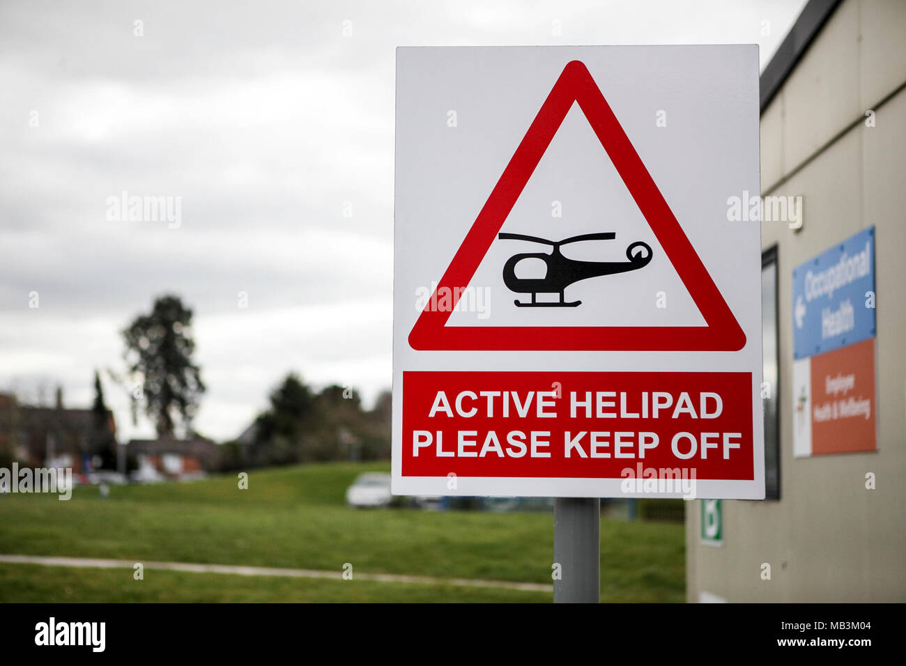 Warning sign indicating helipad at Shrewsbury Hospital. Stock Photo