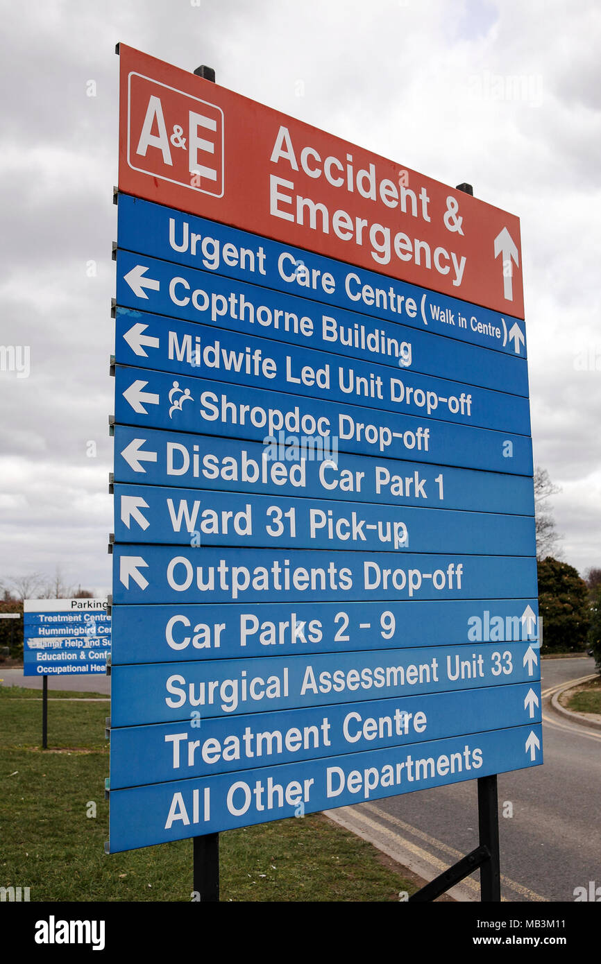 Hospital information and direction board at Shrewsbury Hospital. Stock Photo