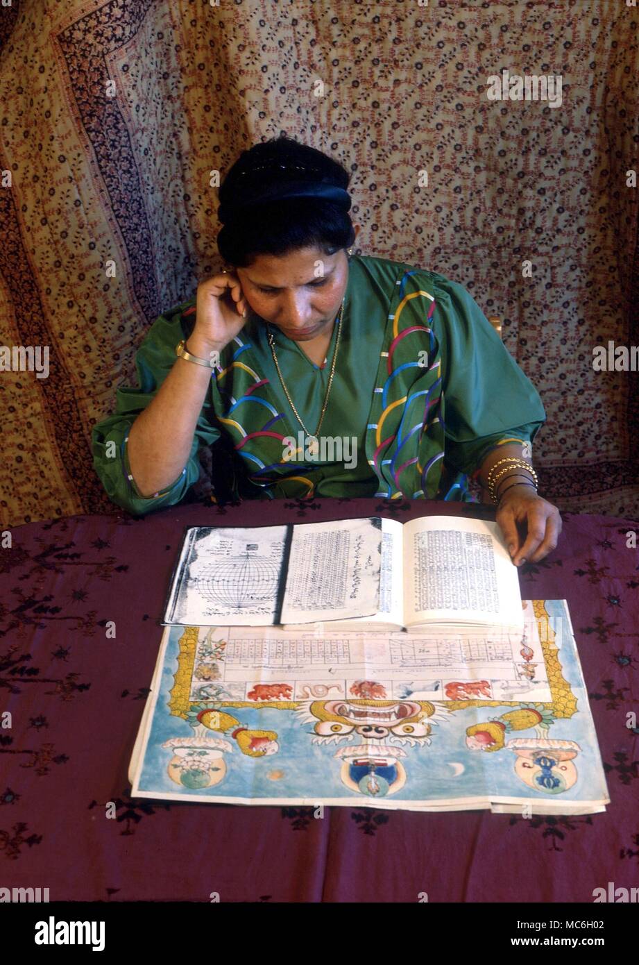 HOROSCOPES - An Indian astrologer reading a horoscope chart Stock Photo