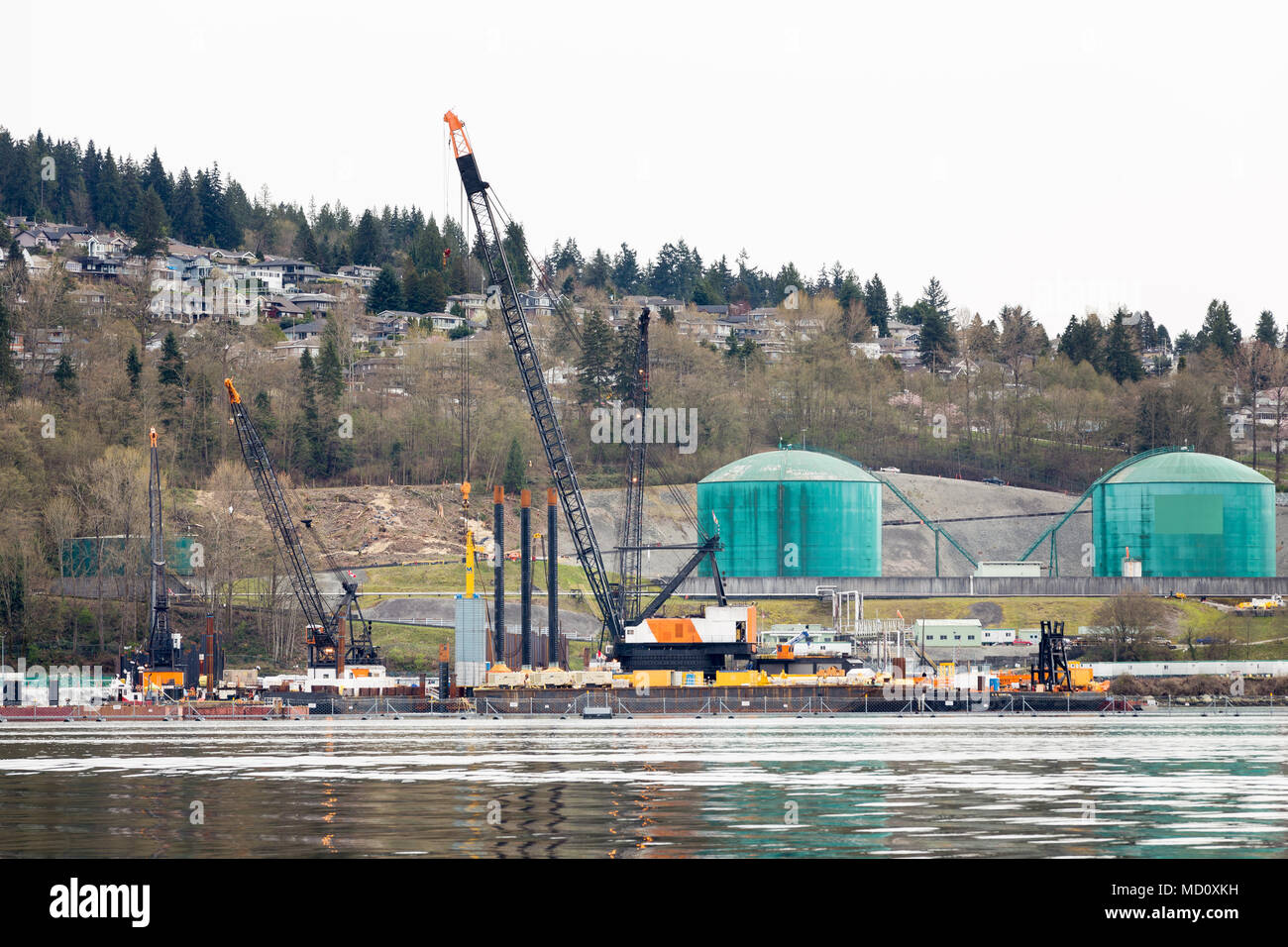 NORTH VANCOUVER, BC, CANADA - APR 09, 2018: The Parkland refinery on Burnaby mountain, with pipeline construction taking place. Stock Photo