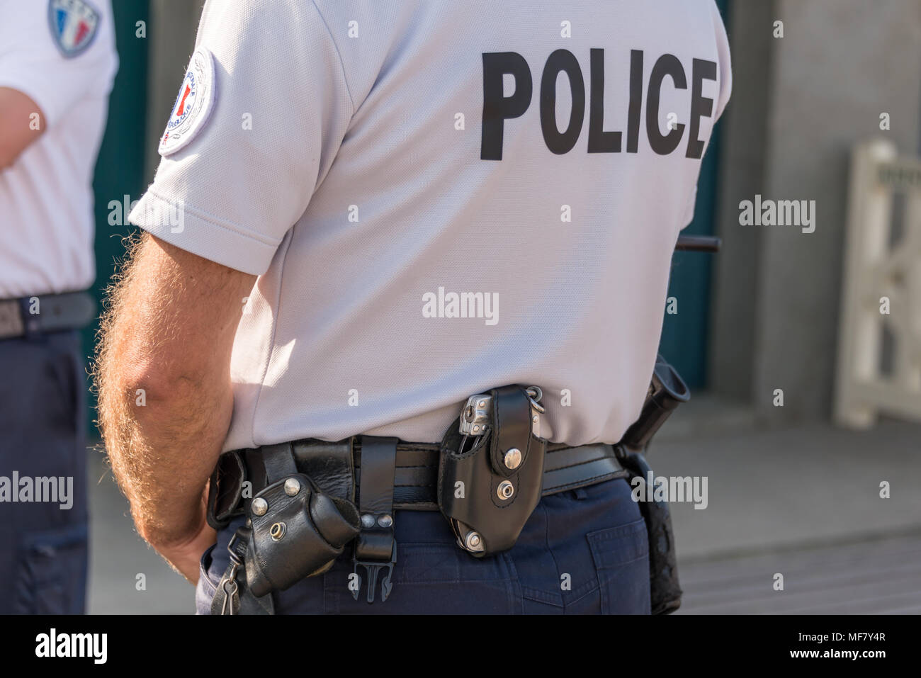 French police close up, security and emergency state concept Stock Photo