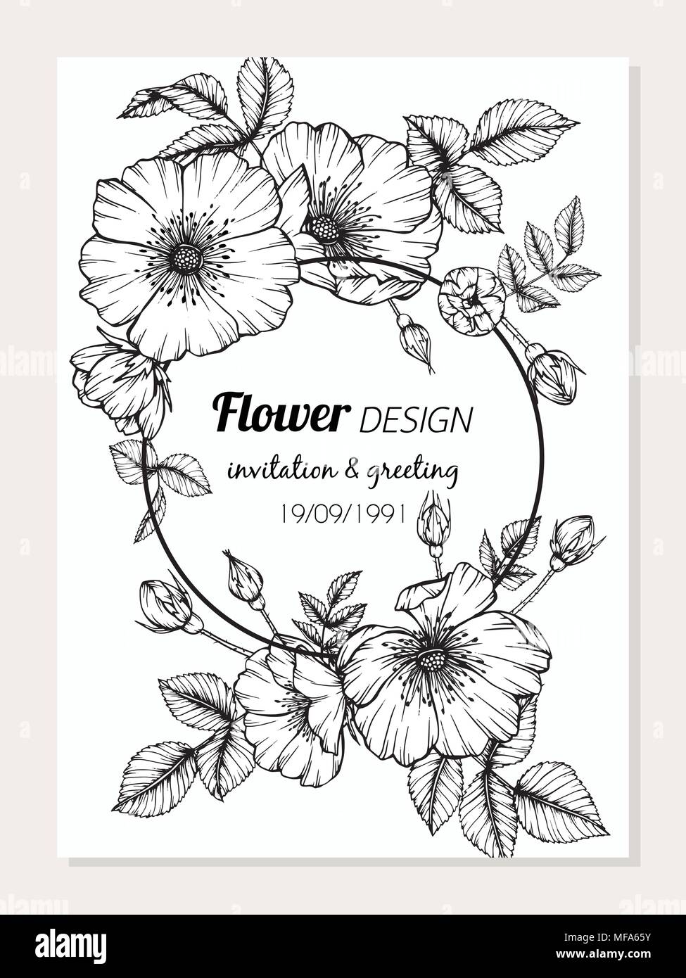 Dog rose flower frame drawing illustration for card design Stock ...