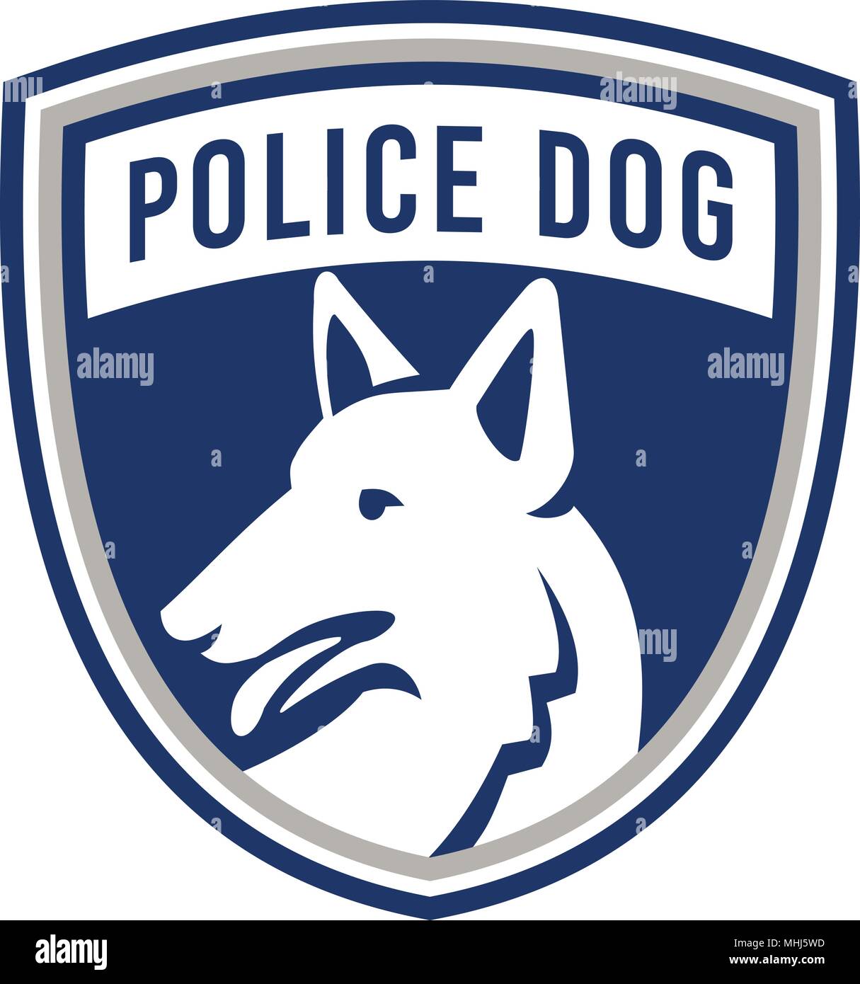 Mascot icon illustration of head of a police dog, German Shepherd, Alsatian wolf dog or sometimes abbreviated as GSD looking to side set inside shield Stock Vector