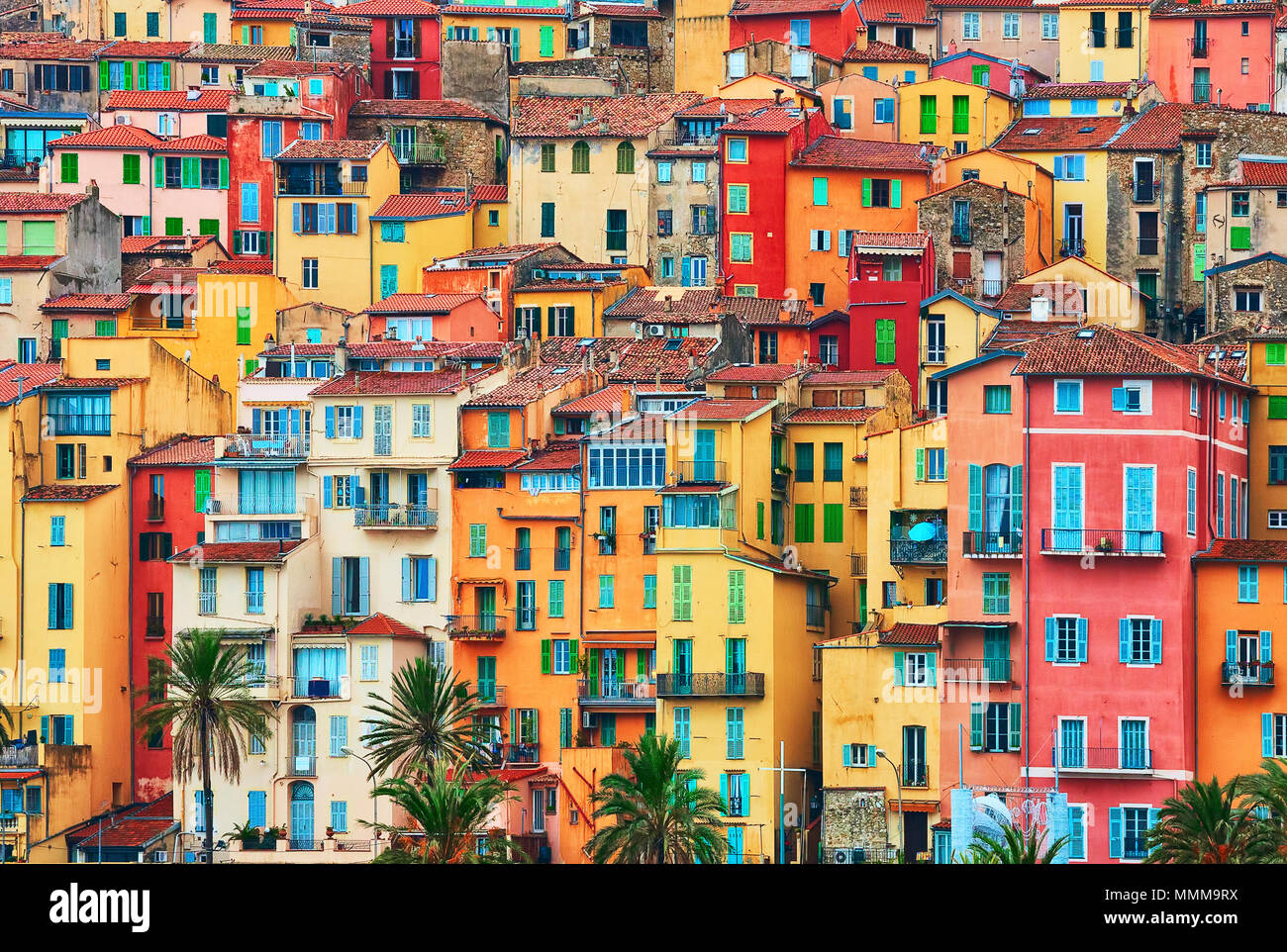 Colorful houses in old part of Menton, French Riviera, France Stock Photo