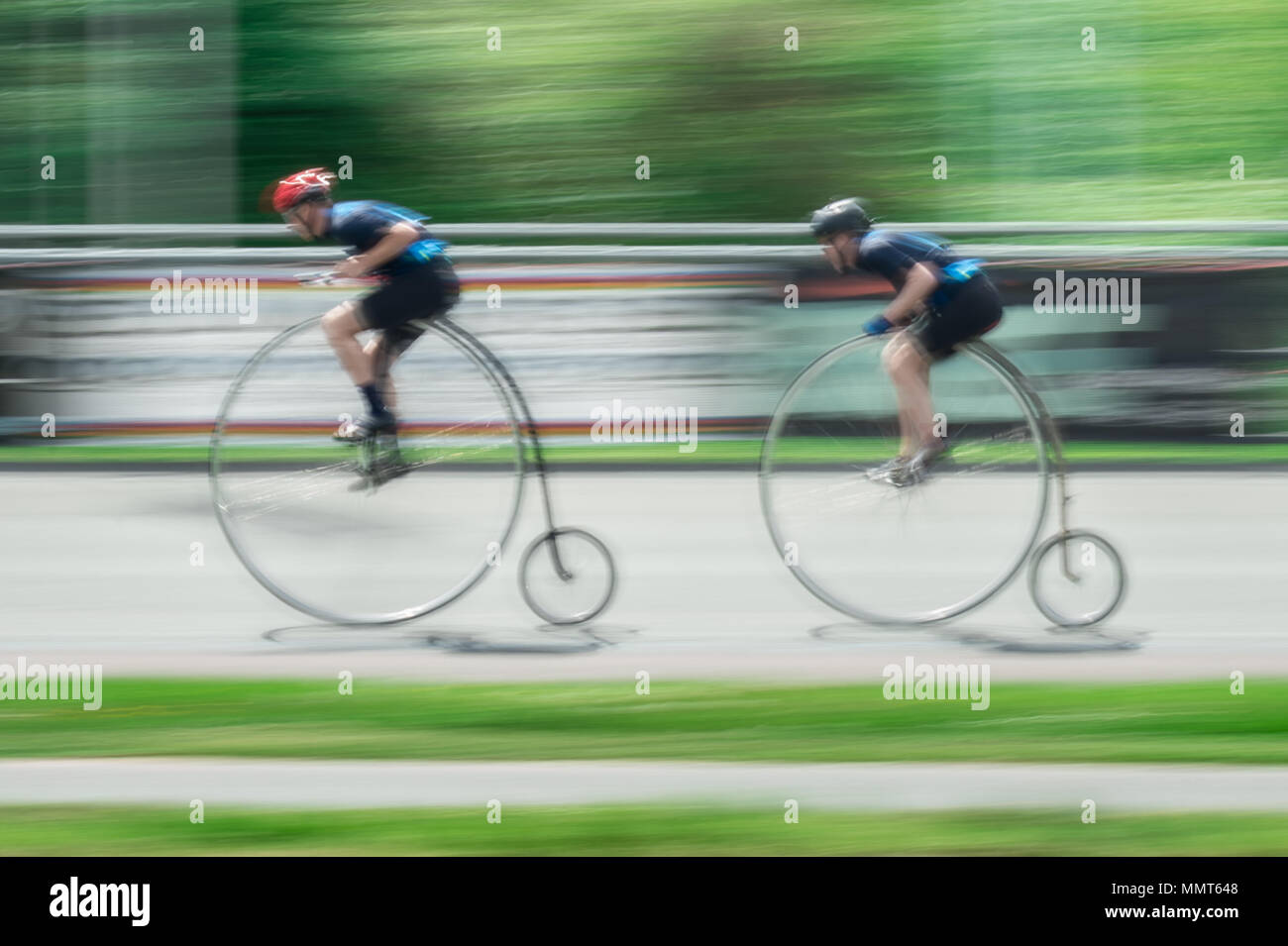 London, UK. 13th May, 2018. Members of the Penny Farthing cycling club perform track racing at Herne Hill velodrome. Credit: Guy Corbishley/Alamy Live News Stock Photo