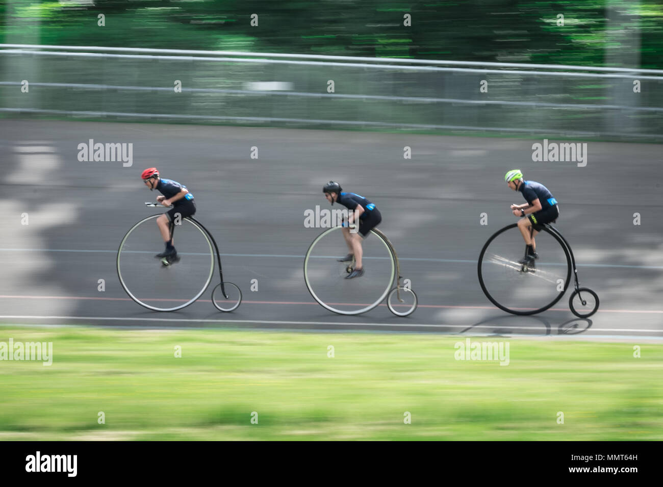 London, UK. 13th May, 2018. Members of the Penny Farthing cycling club perform track racing at Herne Hill velodrome. Credit: Guy Corbishley/Alamy Live News Stock Photo