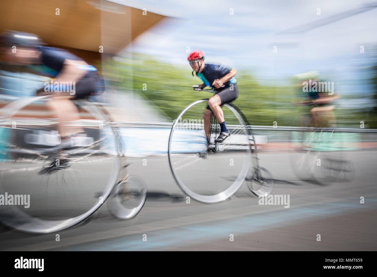 London, UK. 13th May, 2018. Members of the Penny Farthing cycling club perform track racing at Herne Hill velodrome. Credit: Guy Corbishley/Alamy Live News Stock Photo