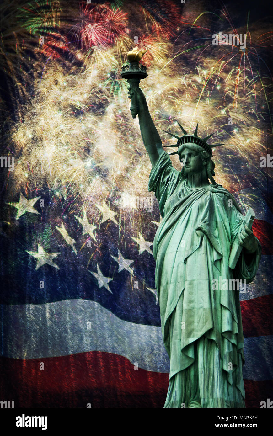 Composite photo of the statue of Liberty with a flag and fireworks in the background. Given a grunge overlay for a nice aged effect.  Nice patriotic i Stock Photo