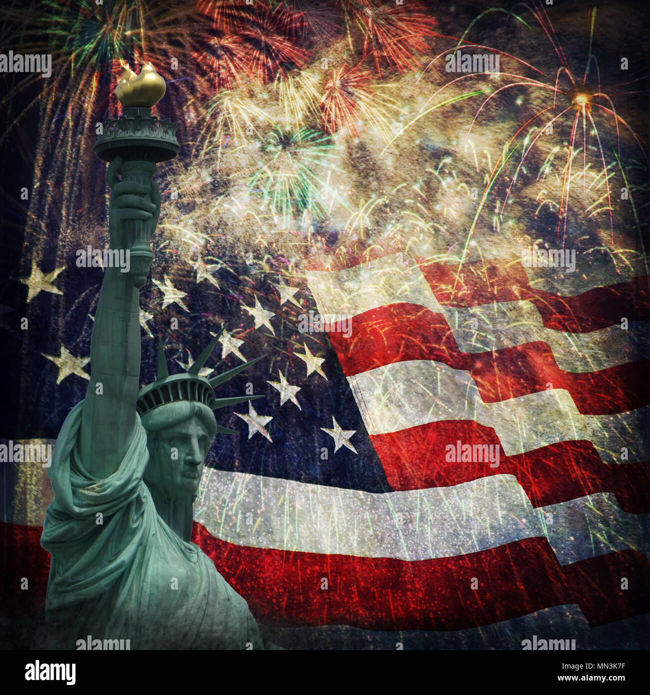 Composite photo of the statue of Liberty with a flag and fireworks in the background. Given a grunge overlay for a nice aged effect.  Nice patriotic i Stock Photo