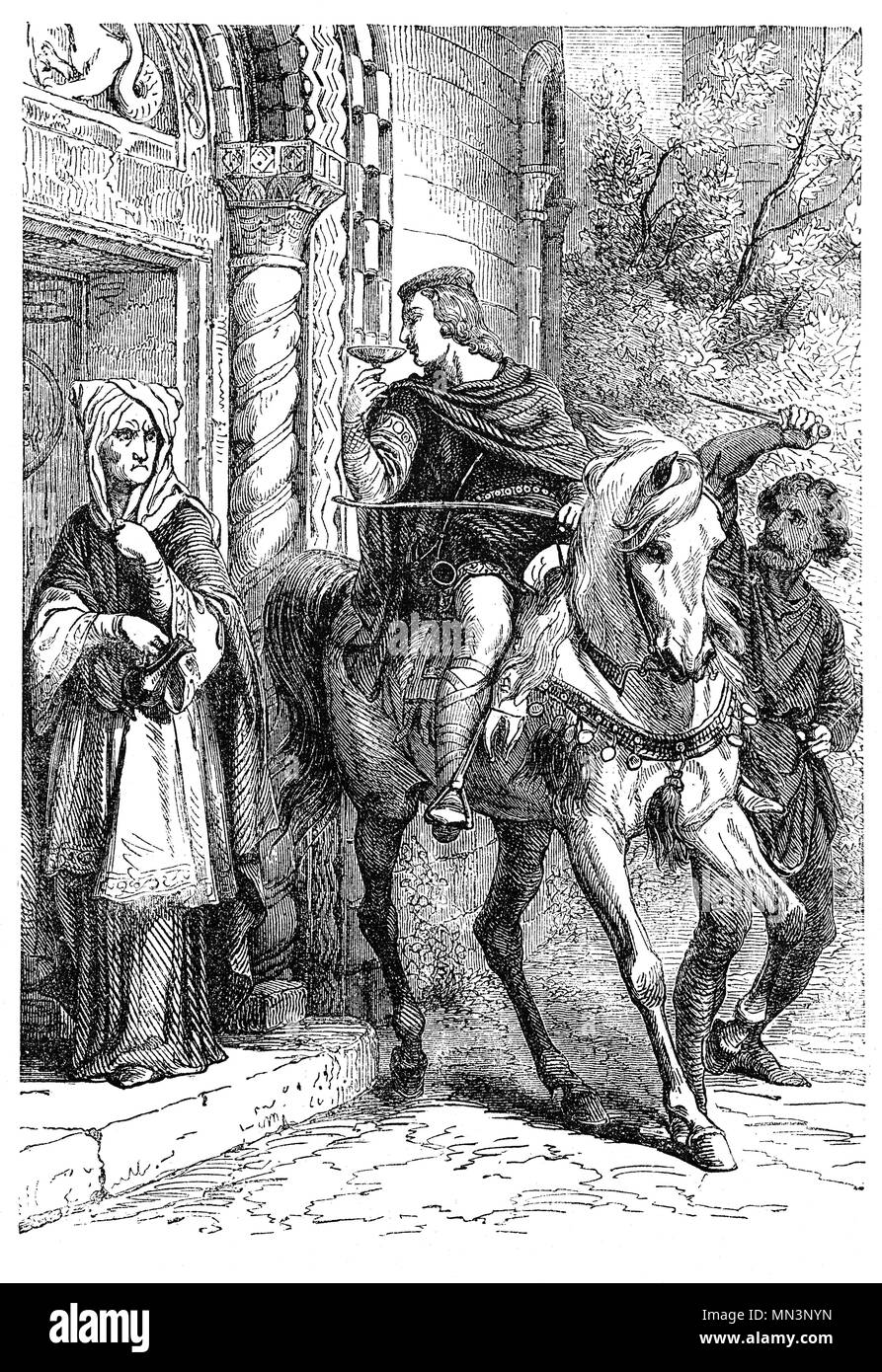 Edward the Martyr (962 – 978) was King of England from 975 until murdered in 978. He was the eldest son of King Edgar the Peaceful but on Edgar's death, some supported Edward's claim to be king, others his younger half-brother Æthelred the Unready. Edward was chosen as king. He was murdered in the evening of 18 March 978, while visiting Ælfthryth and Æthelred, probably at or near the mound on which the ruins of Corfe Castle now stand. There are several possible motives behind Edward's killing with Æthelred as the main suspect. Stock Photo