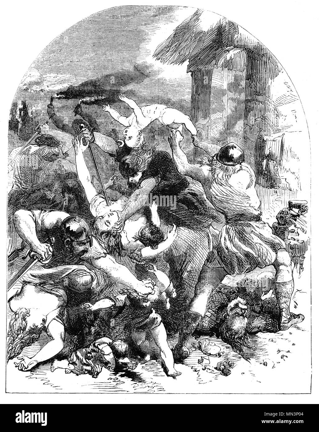 The St. Brice's Day massacre of England's Danish inhabitants ordered by Aethelred the Unready in November 1002, during which King Sweyn's sister and brother-in-law are said to have been killed.  Sweyn Forkbeard ((960 – 1014) was king of Denmark during 986–1014. He was the father of King Harald II of Denmark, King Cnut the Great and Queen Estrid Svendsdatter.  In 1000 Sweyn ruled most of Norway. In 1013, shortly before his death, he became the first Danish king of England after a long effort. Stock Photo