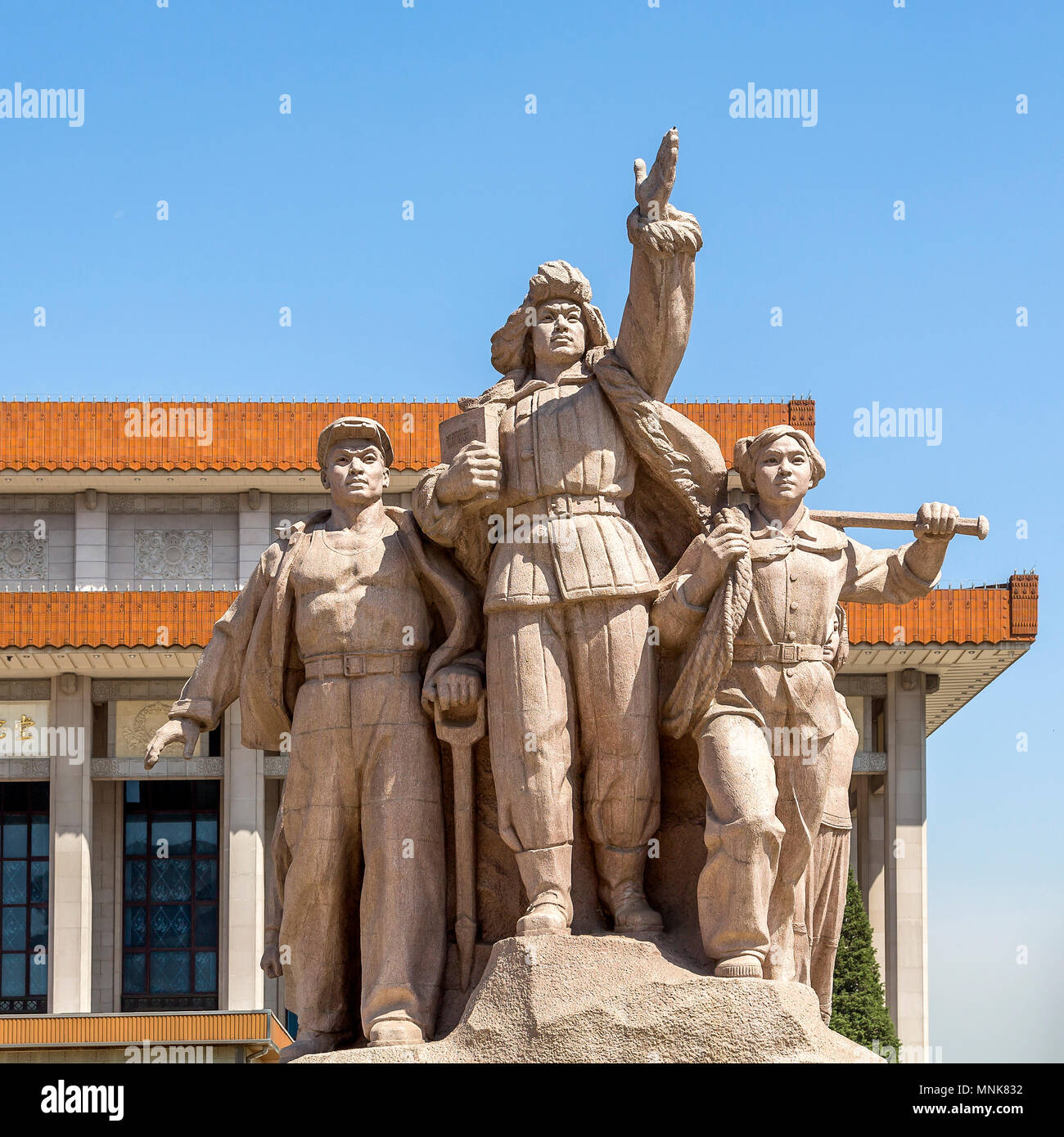 Close up of one of the two sculptures that flank the Mausoleum of Mao Zedong in Tiananmen Square, Beijing, China. Stock Photo