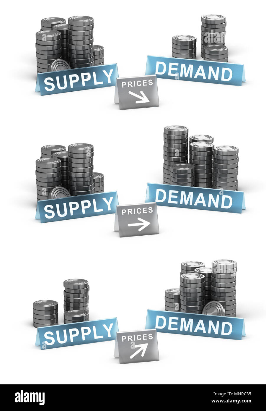 3D illustration of supply and demand principle. Generic coins over white background with prices directions Stock Photo