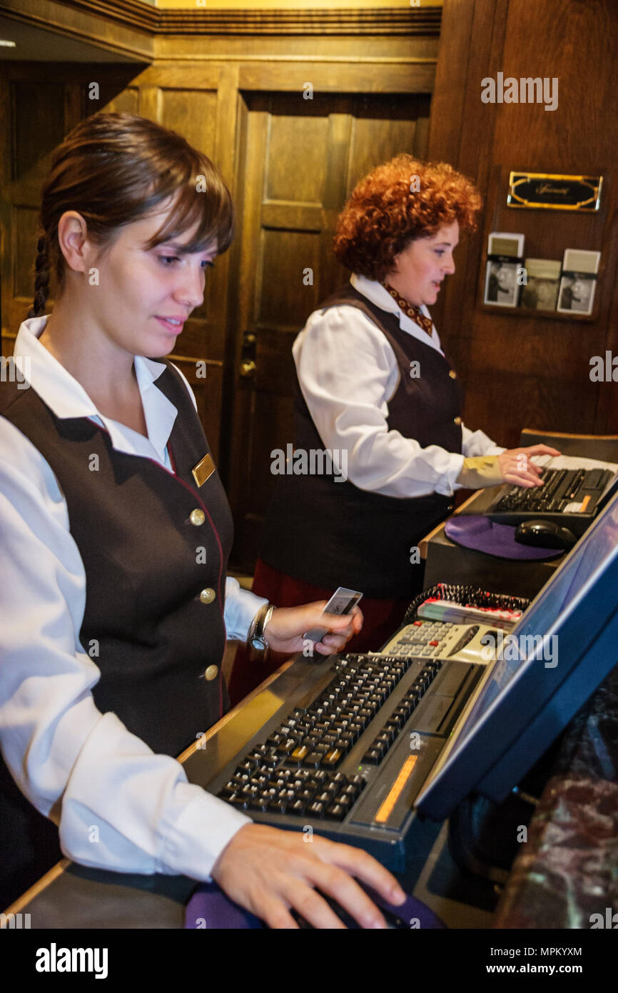 Quebec City Canada,Canadian,North America,American,Upper Town,Fairmont Le Chateau Frontenac,hotel hotels lodging inn motel motels,lobby,front desk che Stock Photo