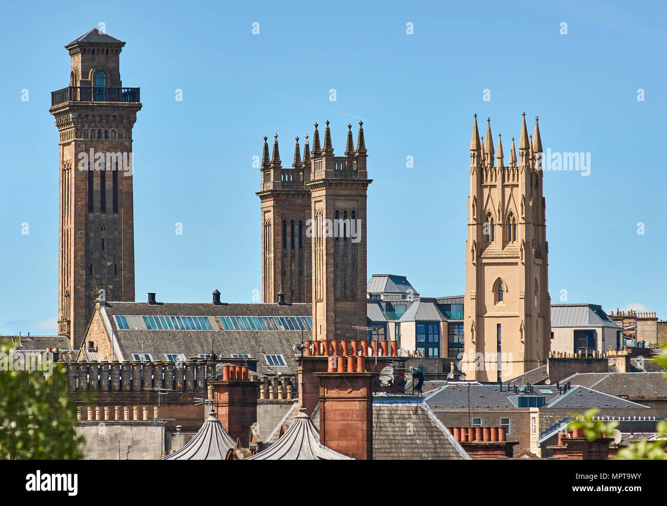 Towers of the Trinity House building in Glasgow's West End district. Stock Photo