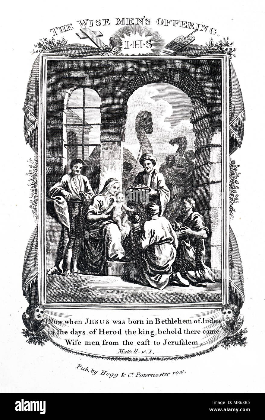 Engraving depicting the Magi presenting their gifts to the infant Jesus Christ. Dated 19th century Stock Photo