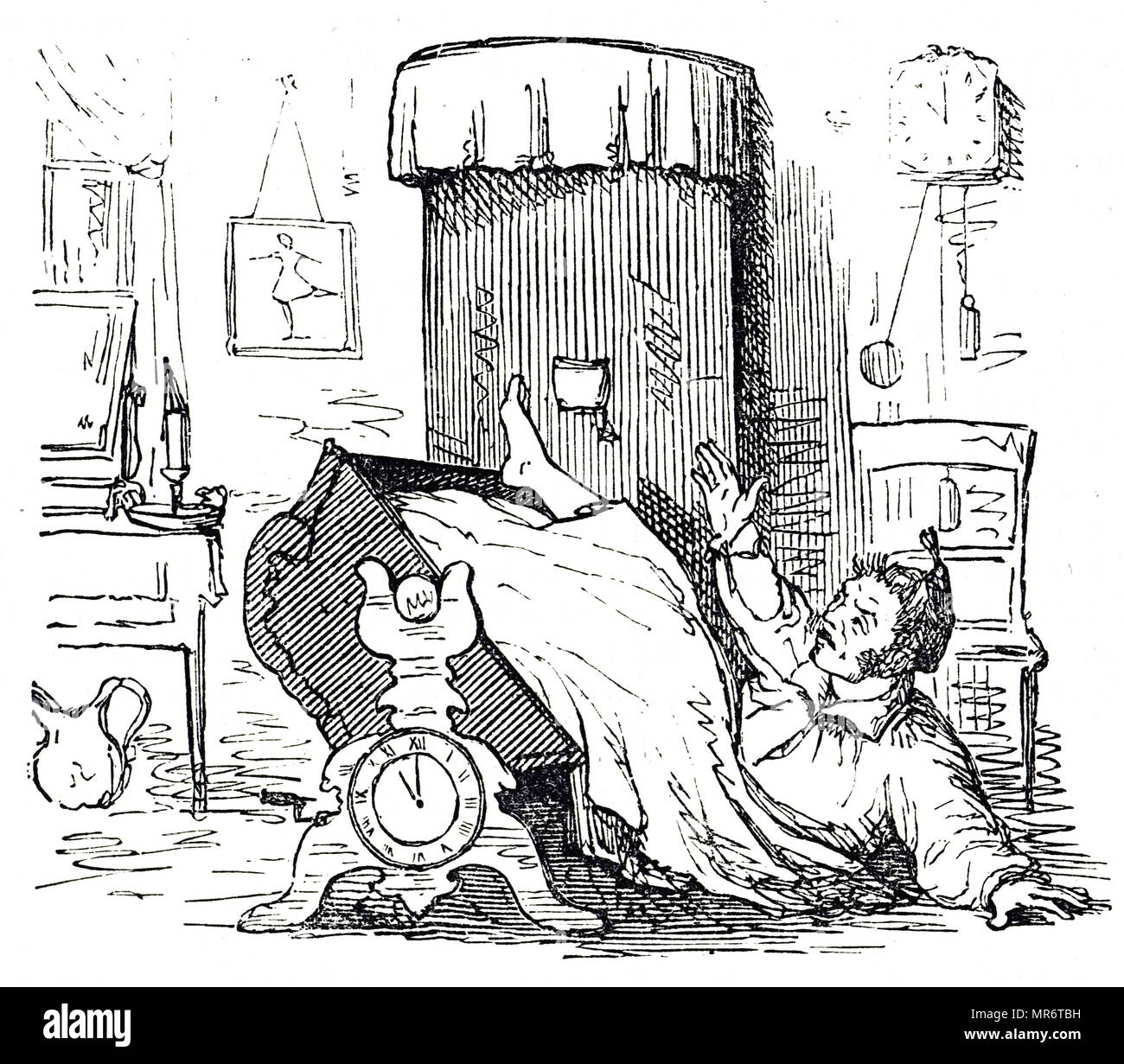 Cartoon depicting Theodore Jones' silent alarm clock bedstead which was exhibited at the Great Exhibition. According to the Official Catalogue 'The movement of the hand of a common watch will turn anyone out of bed at any given hour when attached to this bedstead. Dated 19th century Stock Photo