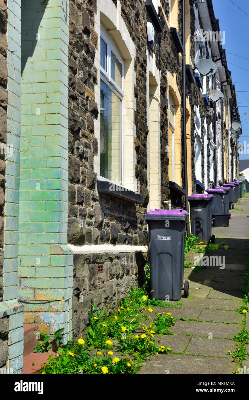 Row of small traditional terraced houses along street in Pontypool, south Wales, UK Stock Photo