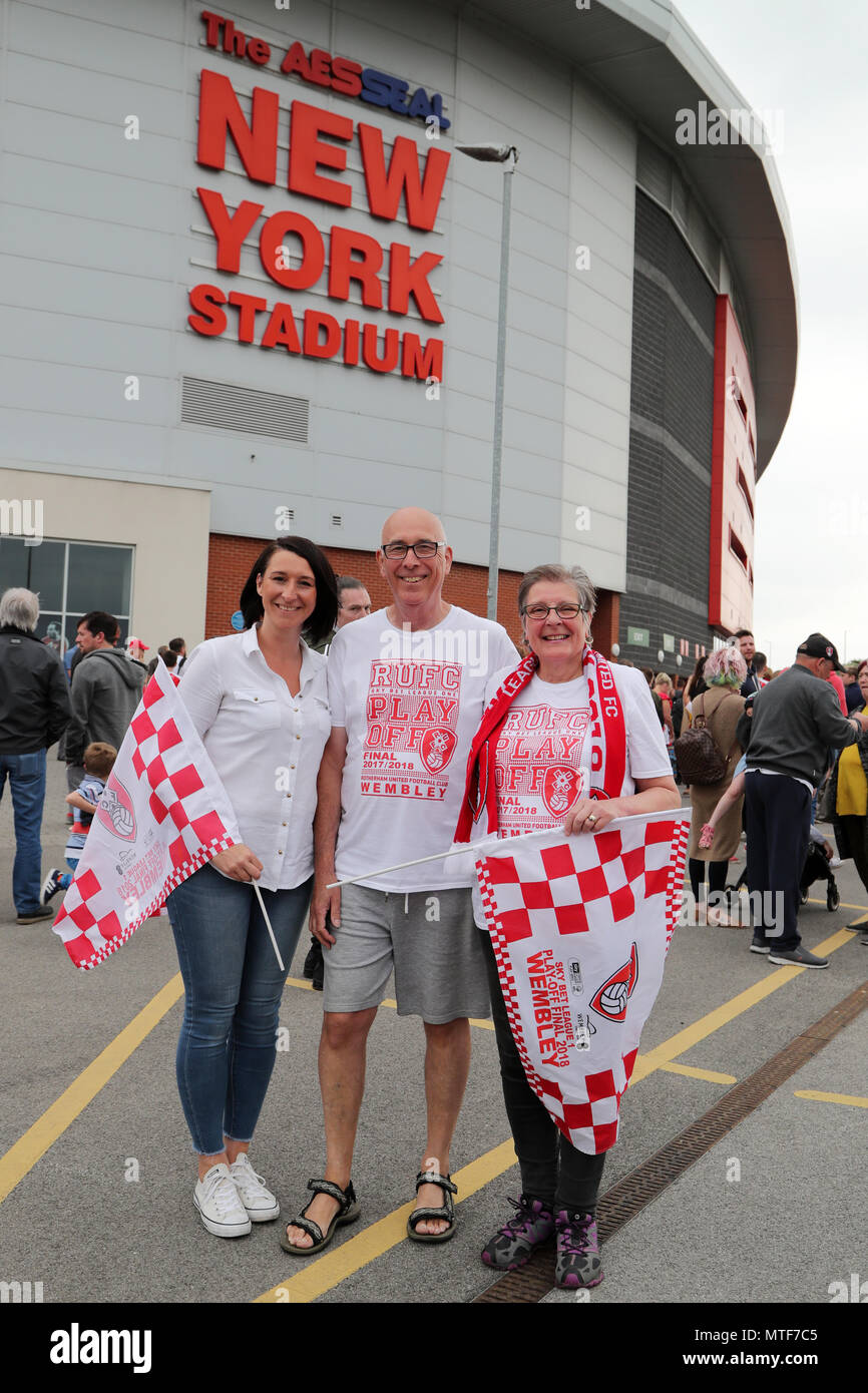 Rotherham United fans gather outside the AESSEAL New York Stadium before the League One promotion parade in Rotherham. Stock Photo