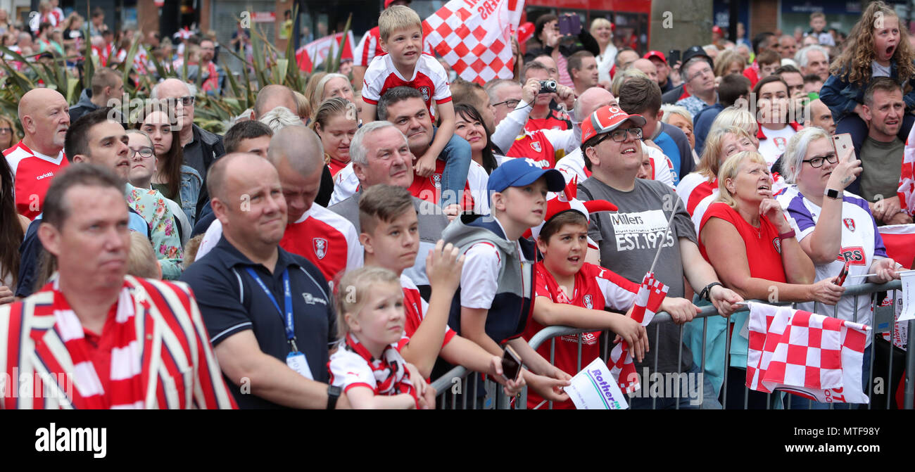 Rotherham United fans during the League One promotion parade in Rotherham. Stock Photo