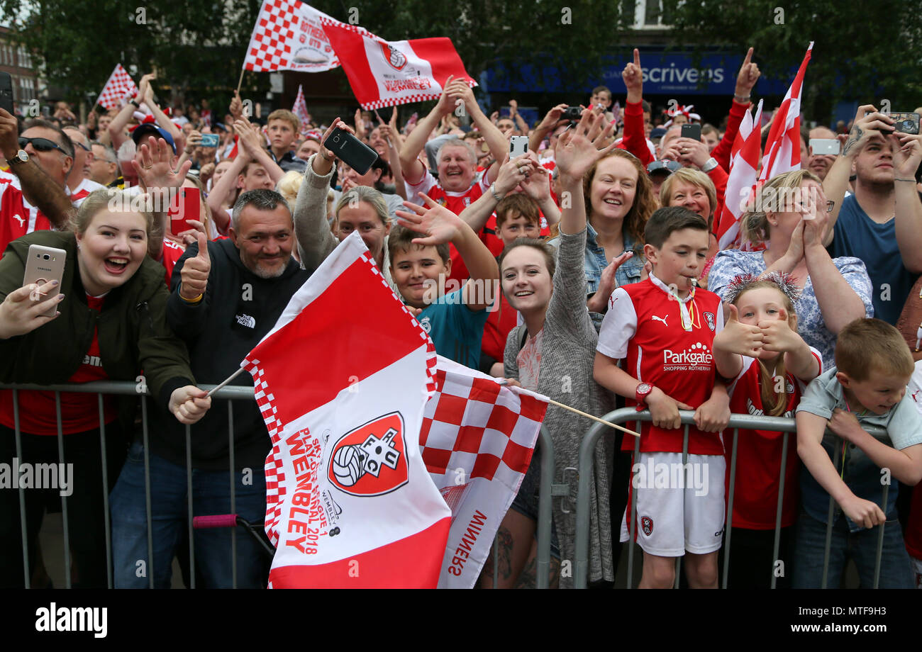 Rotherham United fans during the League One promotion parade in Rotherham. Stock Photo