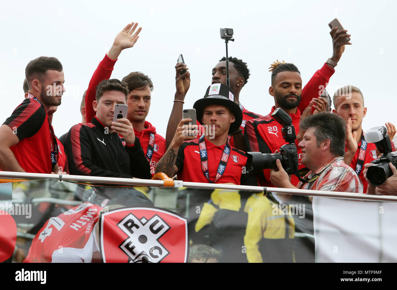 Rotherham United players on the bus during the League One promotion parade in Rotherham. Stock Photo