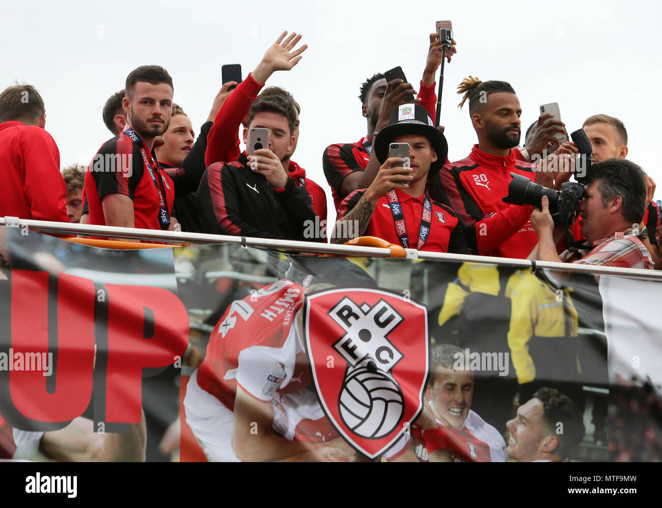 Rotherham United players on the bus during the League One promotion parade in Rotherham. Stock Photo