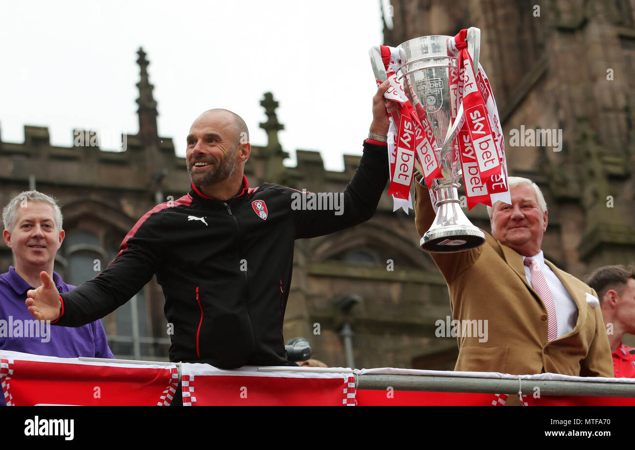 Rotherham United manager Paul Warne and Chairman Tony Stewart with the trophy during the League One promotion parade in Rotherham. Stock Photo