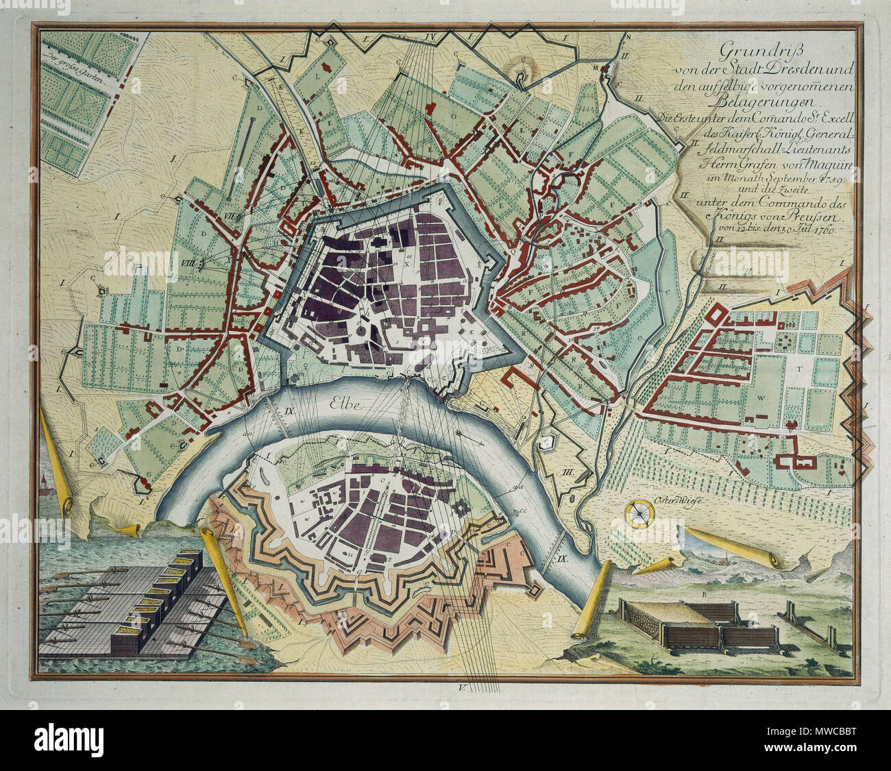 . Map of Dresden . circa 1760. Unknown 170 Dresden 1760 - 4 Stock Photo