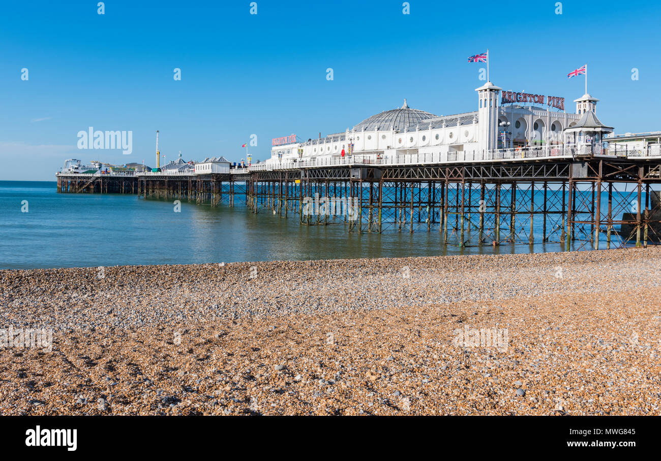 Brighton Pier in the morning before people arrive in Brighton, East Sussex, England, UK. Stock Photo