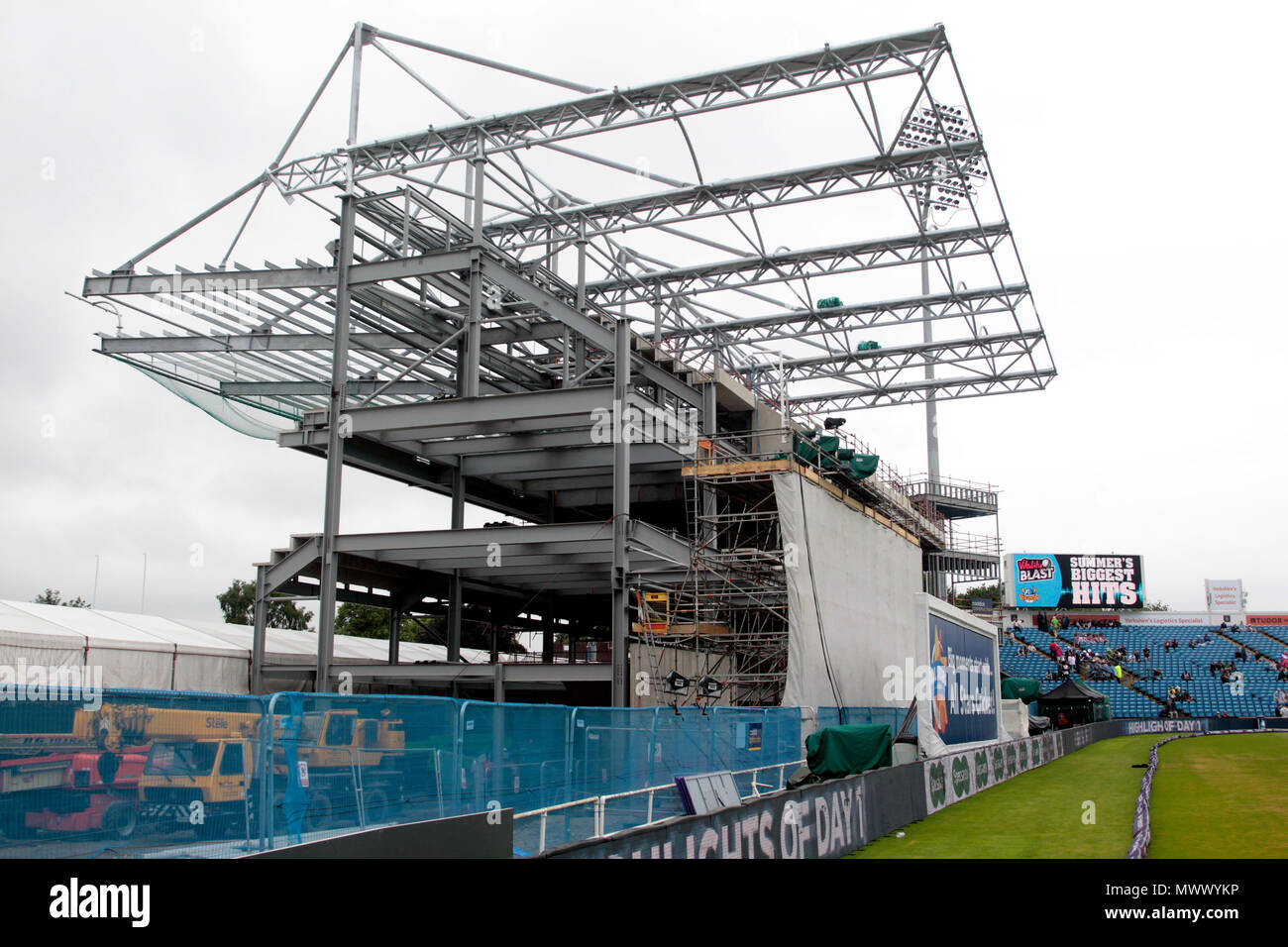 Emerald Headingley, Leeds, UK. 2nd June, 2018. International Test Match Series cricket, day 2, England versus Pakistan; Ground redevelopment underway at Headingley on the new South Stand, scheduled for completion in 2019 Credit: Action Plus Sports/Alamy Live News Stock Photo