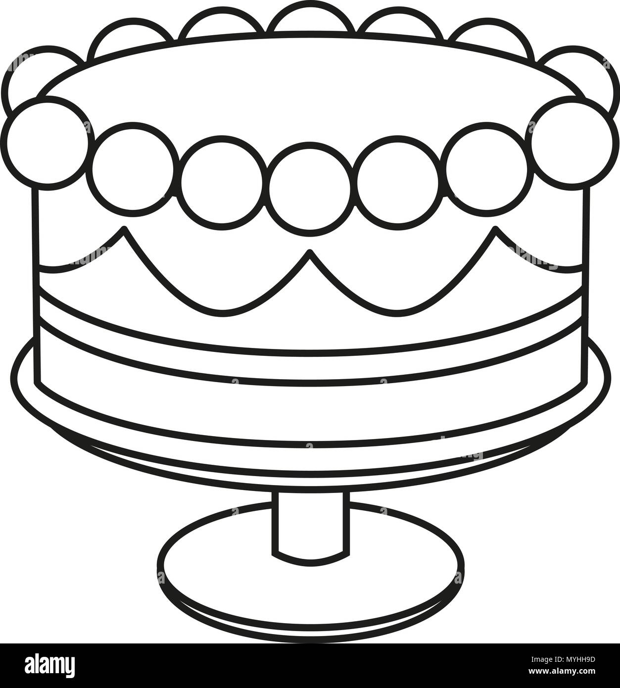 Line art black and white birthday cake on stand Stock Vector