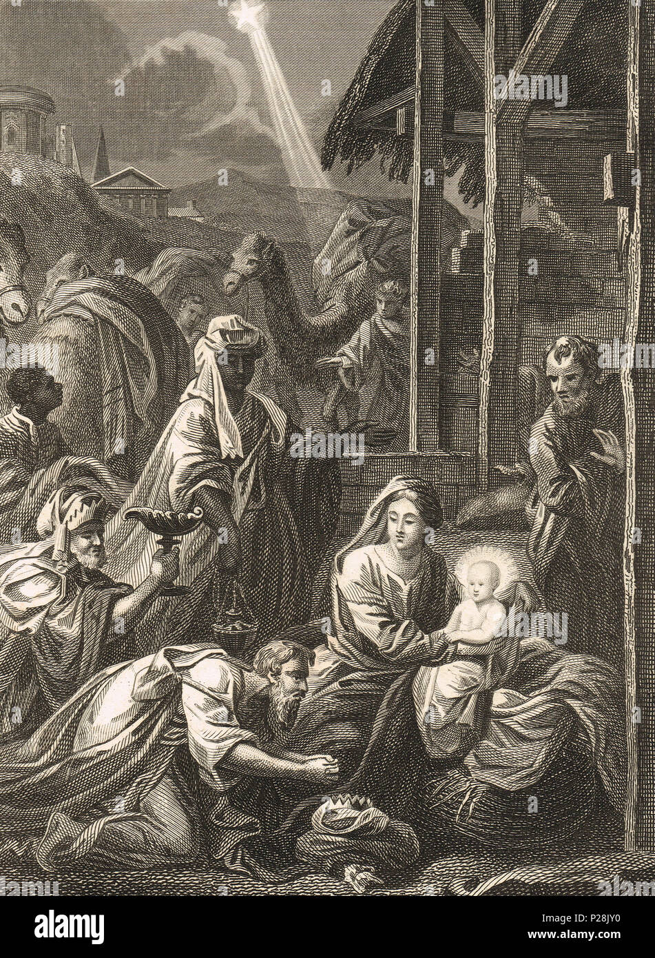 The three wise men, Nativity stable scene, 19th century illustration Stock Photo