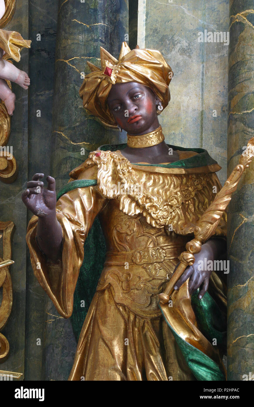 Biblical Magi Balthazar statue on the altar in the Baroque Church of Our Lady of the Snow in Belec, Croatia Stock Photo