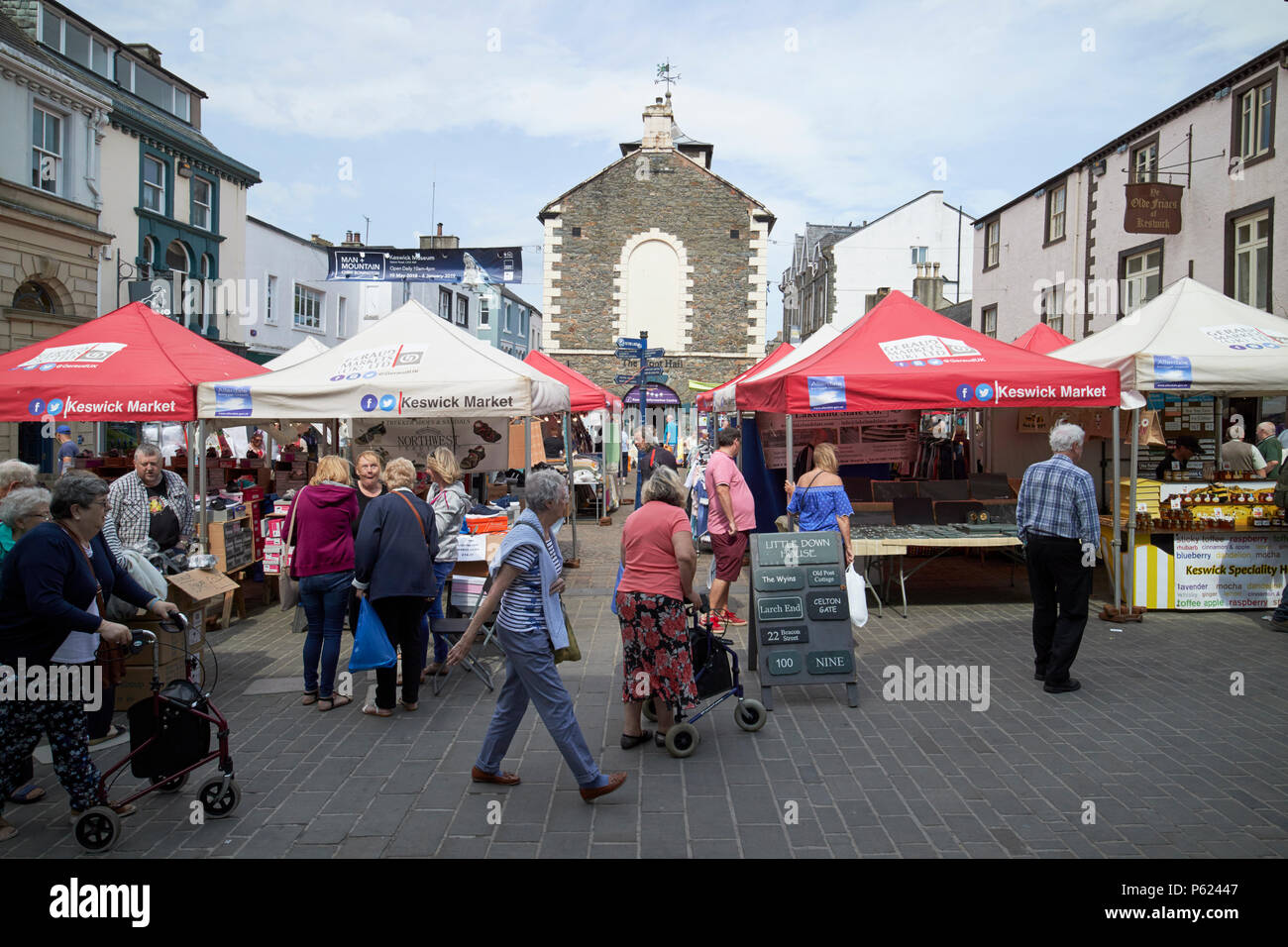 Keswick market in market square at moot hall Lake District Cumbria England UK Stock Photo