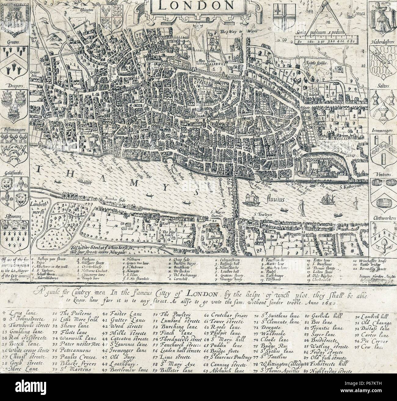 16th Century Map of London by John Norden (1548-1625)  English cartographer, chorographer and antiquary. Dated 1593 Stock Photo