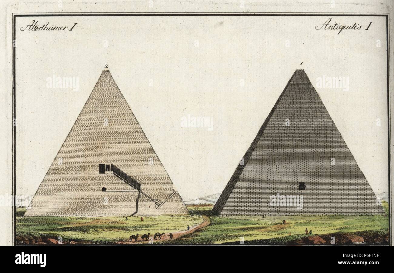 The great pyramid of Giza 1, interior chambers 2. Handcoloured copperplate engraving from Friedrich Johann Bertuch's Bilderbuch fur Kinder (Picture Book for Children), Weimar, 1792. Stock Photo