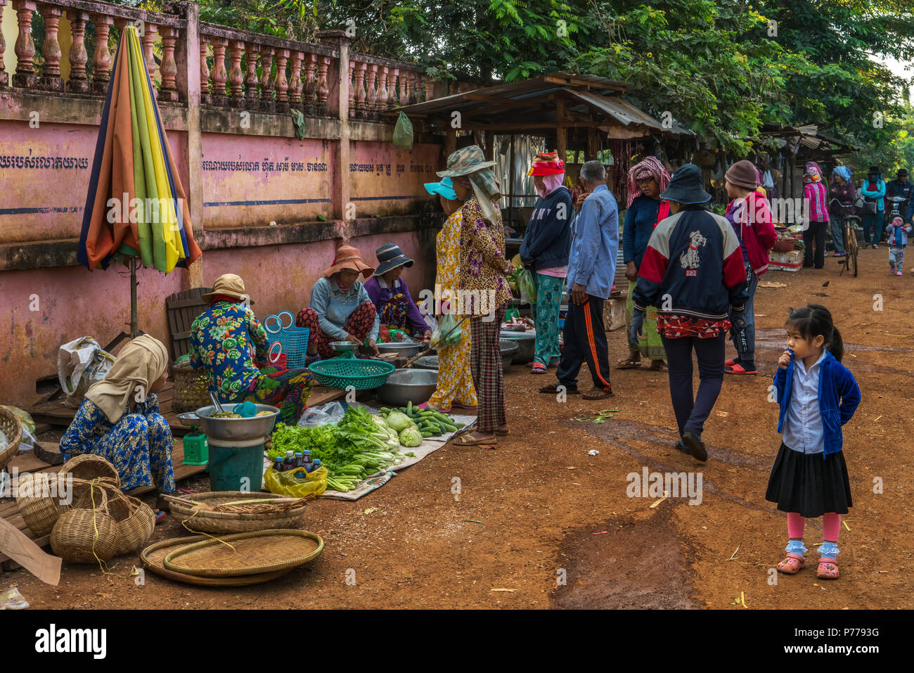 Traditional local market, selling all and sundry near Kampong Cham in Northern Cambodia. Great local hats on display... Stock Photo