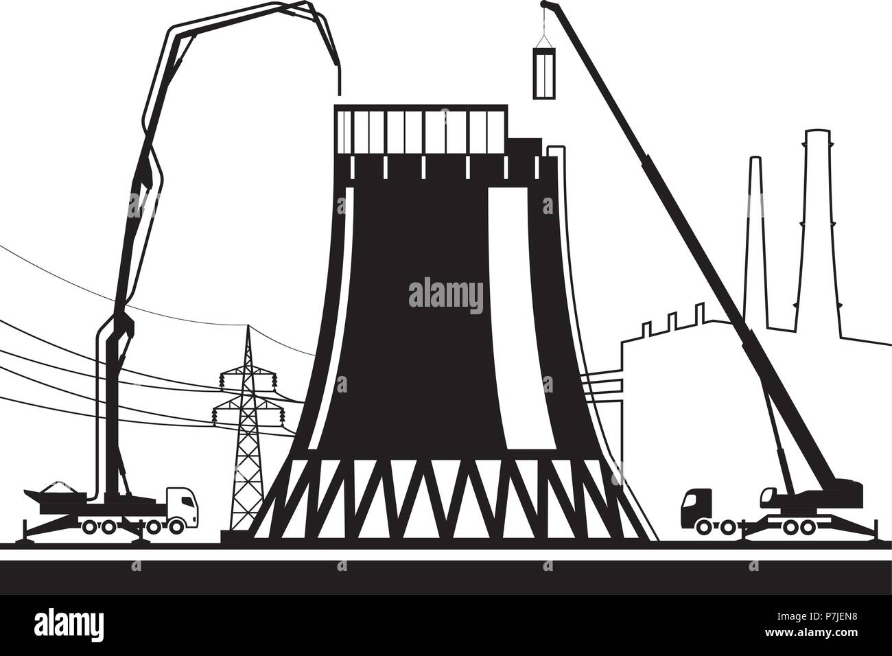 Construction of cooling tower in power plant - vector illustration Stock Vector