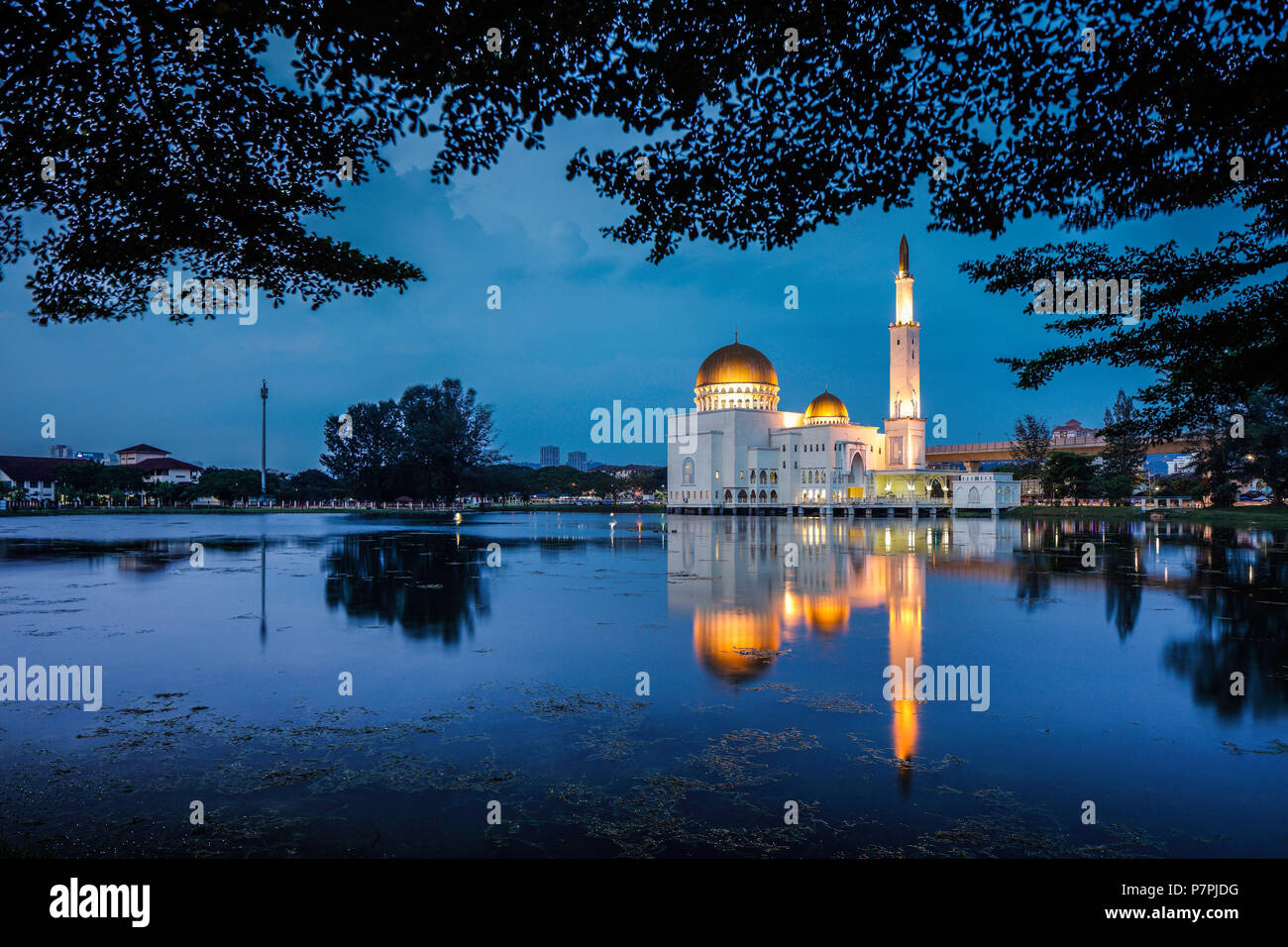 A calm peaceful evening at the As Salam Mosque, in Puchong Perdana, Malaysia. Stock Photo